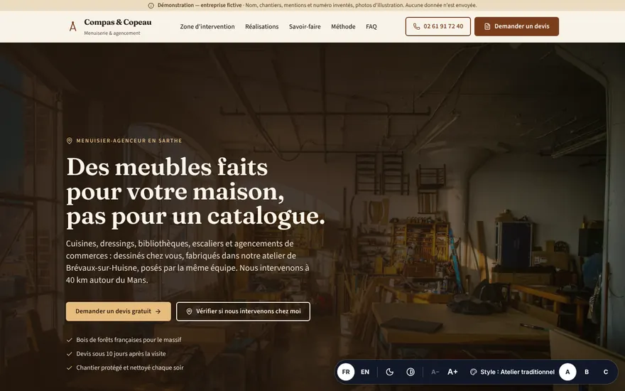 Page d'accueil du démonstrateur Compas & Copeau, menuisier-agenceur fictif