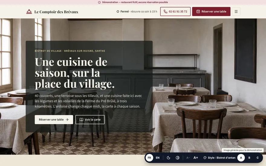 Page d'accueil du démonstrateur Le Comptoir des Brévaux, bistrot fictif