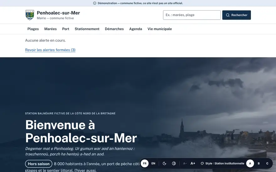 Page d'accueil du démonstrateur Penhoalec-sur-Mer, station balnéaire fictive