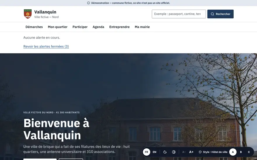 Page d'accueil du démonstrateur Vallanquin, ville fictive du Nord