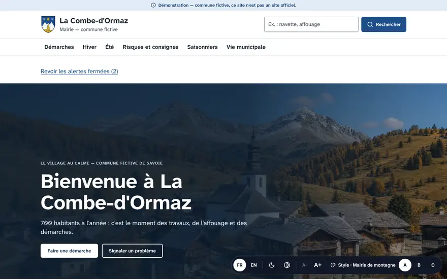 Page d'accueil du démonstrateur La Combe-d'Ormaz, commune fictive de Savoie