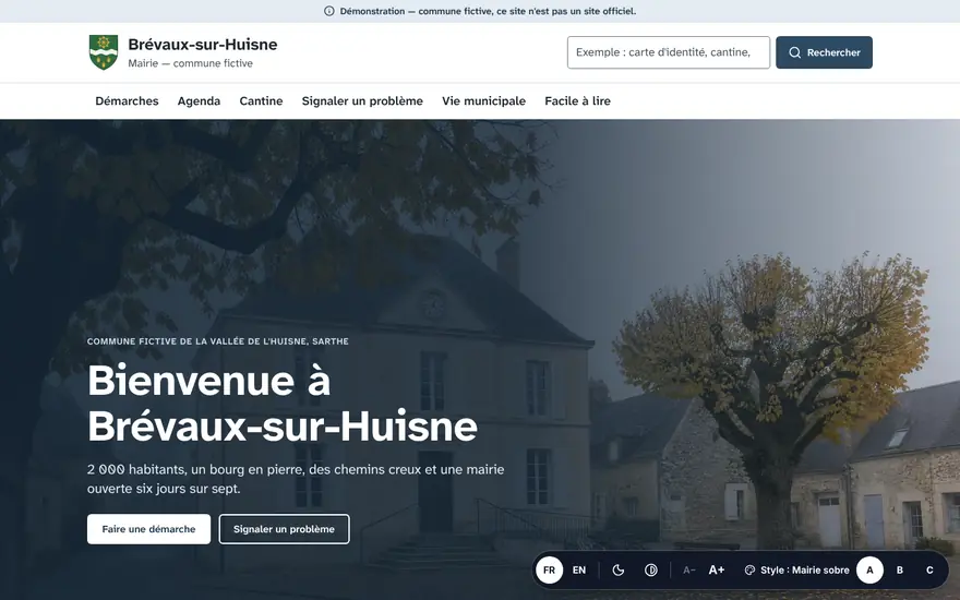 Page d'accueil du démonstrateur Brévaux-sur-Huisne, commune fictive