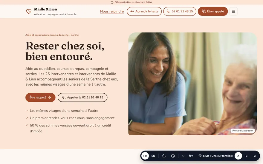 Page d'accueil du démonstrateur Maille & Lien, association fictive d'aide à domicile