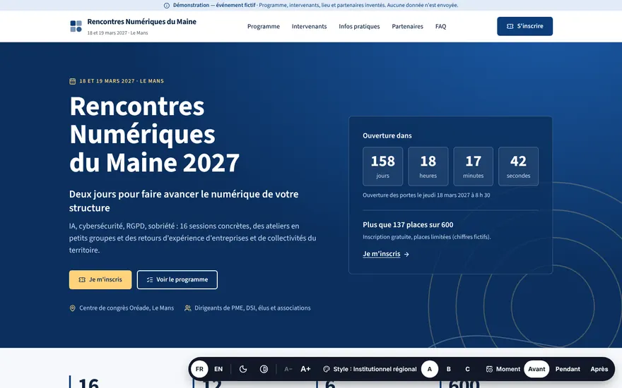 Page d'accueil du démonstrateur Rencontres Numériques du Maine, événement fictif