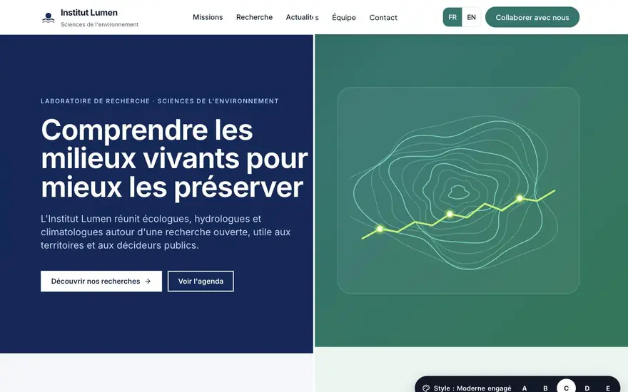 Page d'accueil du démonstrateur Institut Lumen, présentée dans deux styles graphiques différents