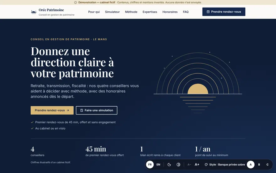 Page d'accueil du démonstrateur Orée Patrimoine, cabinet de gestion de patrimoine fictif